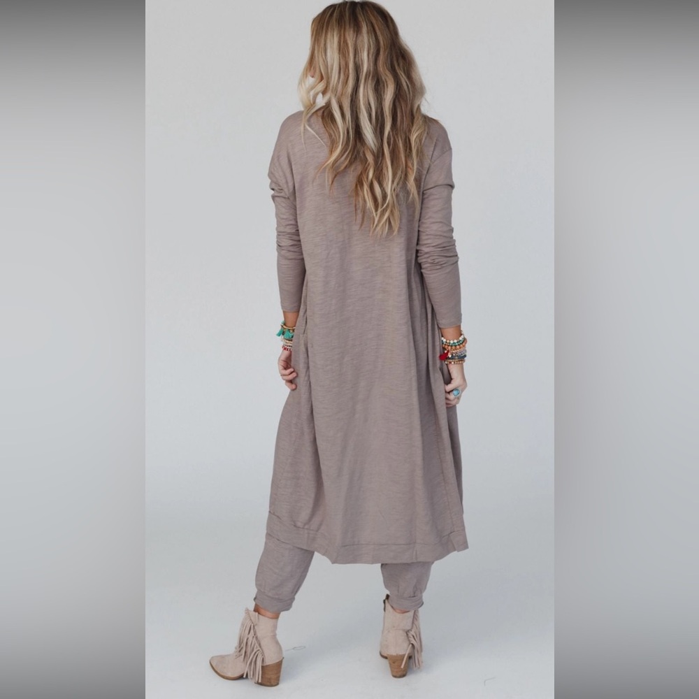 Three Bird Nest Mocha Tan Brown Long Sleeve Jumpsuit Cardigan Set Large - Picture 2 of 16